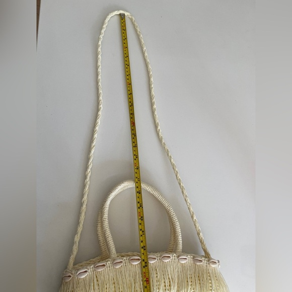 WOVEN Shell Fringe Detail Cross Body Bag Drawstring Closure Boho Vacation Chic - Picture 16 of 16